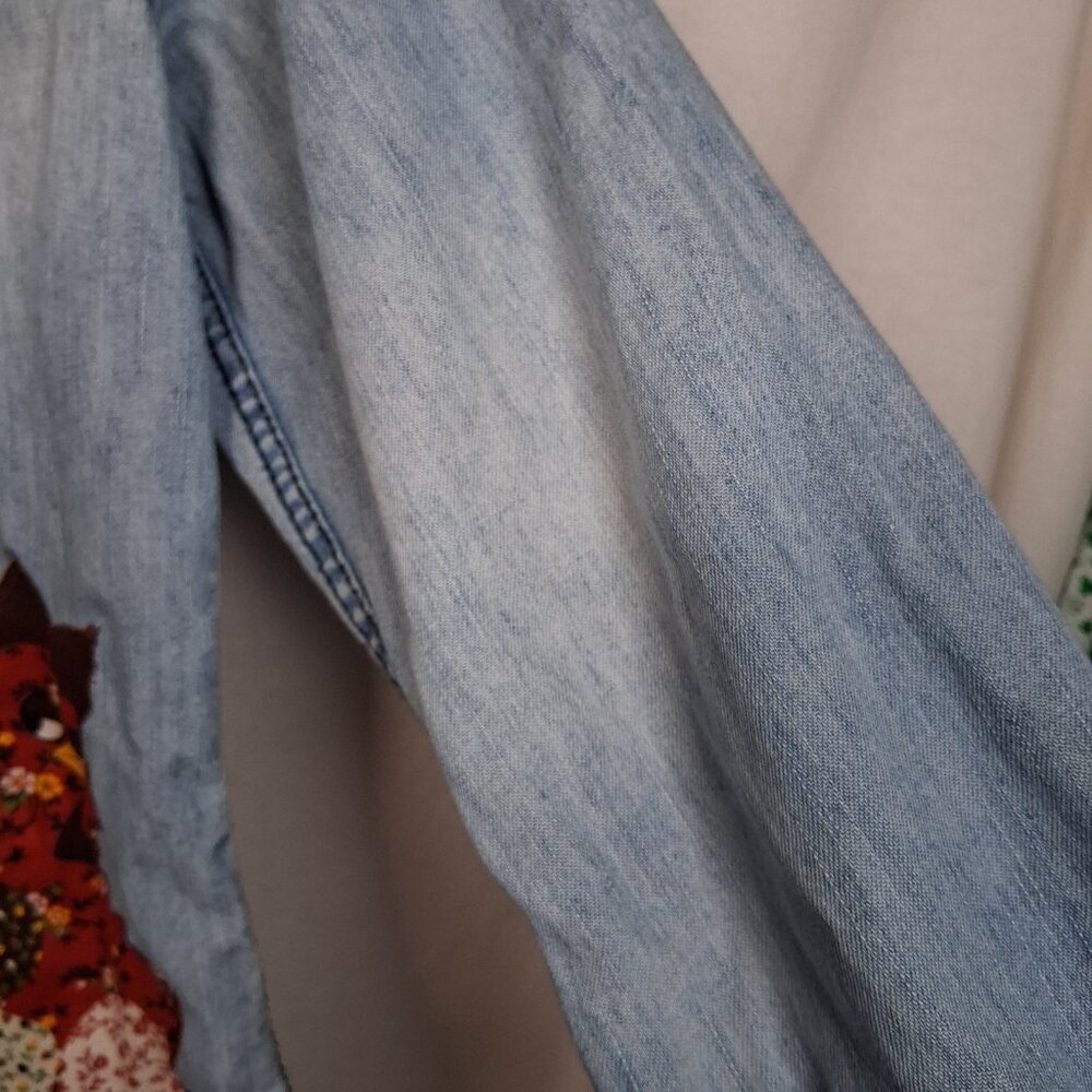 Reworked Chambray Denim Shirt Small Farm Rooster Calico Cottagecore Farmer - Picture 13 of 16